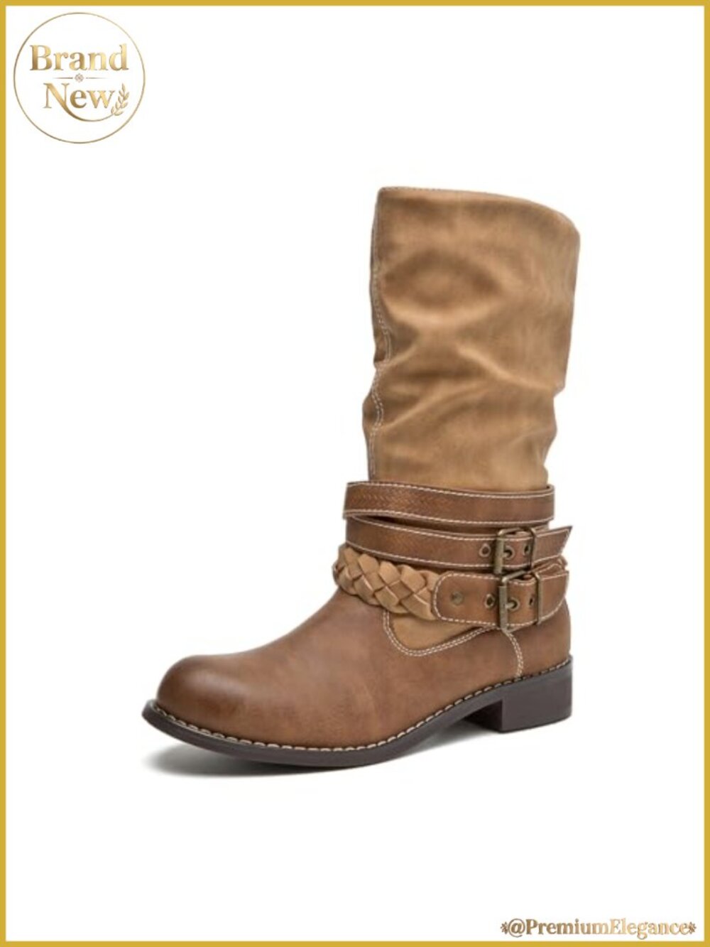 Faux Leather Mid-Calf Motorcycle Boots Pull On Low Block Heel